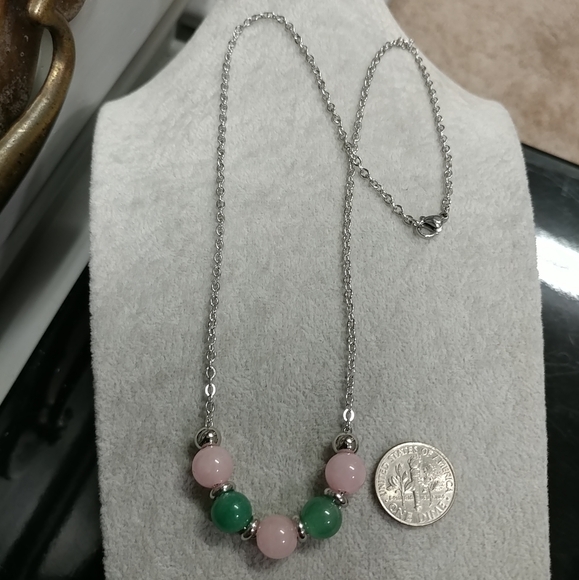 Rose Quartz Aventurine Beaded Necklace Natural Gemstone Crystal Stainless-Steel - Picture 12 of 14